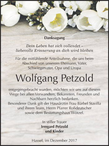 Traueranzeige von Wolfgang Petzold von Super Sonntag Zeitz