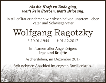 Traueranzeige von Wolfgang Ragotzky von Super Sonntag Aschersleben