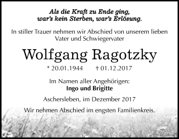 Traueranzeige von Wolfgang Ragotzky von Mitteldeutsche Zeitung Aschersleben
