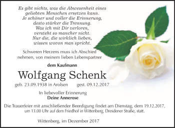 Traueranzeige von Wolfgang Schenk von WVG - Wochenspiegel Wittenberg