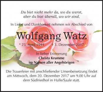 Traueranzeige von Wolfgang Watz von Mitteldeutsche Zeitung Halle/Saalkreis