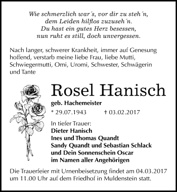 Traueranzeige von Rosel Hanisch von Mitteldeutsche Zeitung Bitterfeld