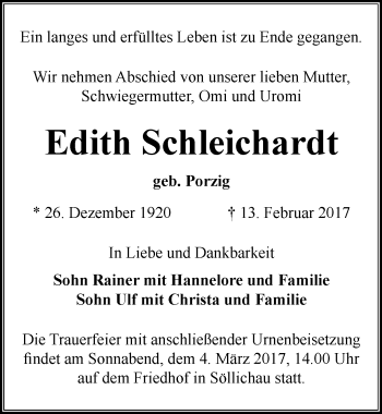 Traueranzeige von Edith Schleichardt von Mitteldeutsche Zeitung Bitterfeld