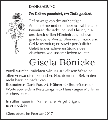 Traueranzeige von Gisela Bönicke von Super Sonntag SGH Mansf. Land
