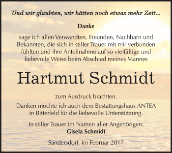 Traueranzeige von Hartmut Schmidt von WVG - Wochenspiegel Bitterfeld
