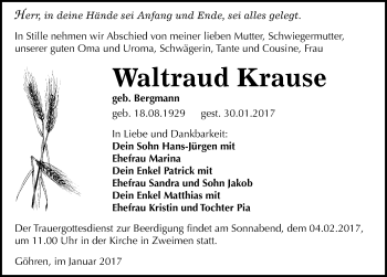 Traueranzeige von Waltraud Krause von Mitteldeutsche Zeitung Merseburg/Querfurt