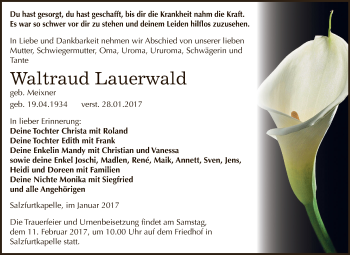Traueranzeige von Waltraud Lauerwald von WVG - Wochenspiegel Bitterfeld