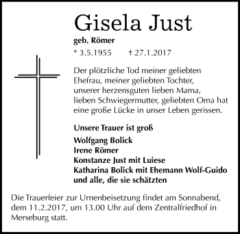 Traueranzeige von Gisela Just von Mitteldeutsche Zeitung Merseburg/Querfurt