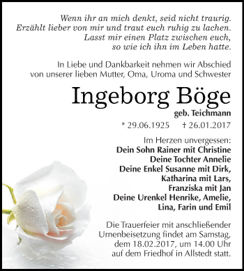 Traueranzeige von Ingeborg Böge von Super Sonntag SGH Mansf. Land