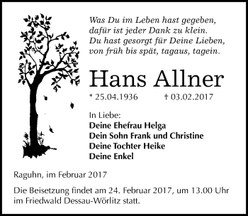 Traueranzeige von Hans Allner von Mitteldeutsche Zeitung Bitterfeld