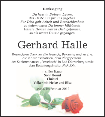 Traueranzeige von Gerhard Halle von Super Sonntag Halle