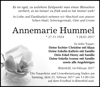 Traueranzeige von Annemarie Hummel von Mitteldeutsche Zeitung Bitterfeld
