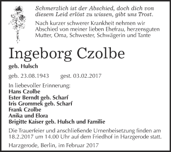 Traueranzeige von Ingeborg Czolbe von Super Sonntag Quedlinburg