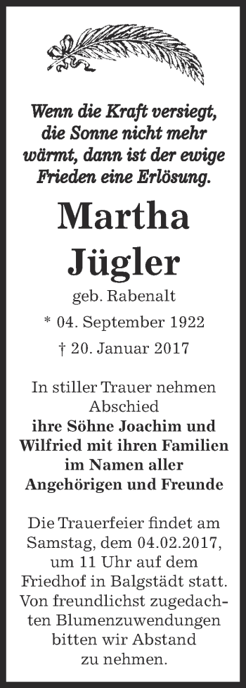 Traueranzeige von Martha Jügler von WVG - Wochenspiegel NMB / WSF / ZTZ