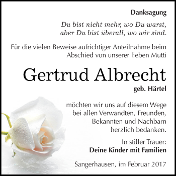 Traueranzeige von Gertrud Albrecht von Super Sonntag SGH Mansf. Land