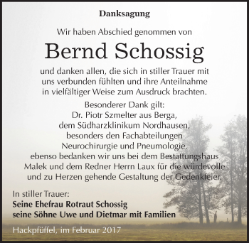 Traueranzeige von Bernd Schossig von Mitteldeutsche Zeitung Sangerhausen