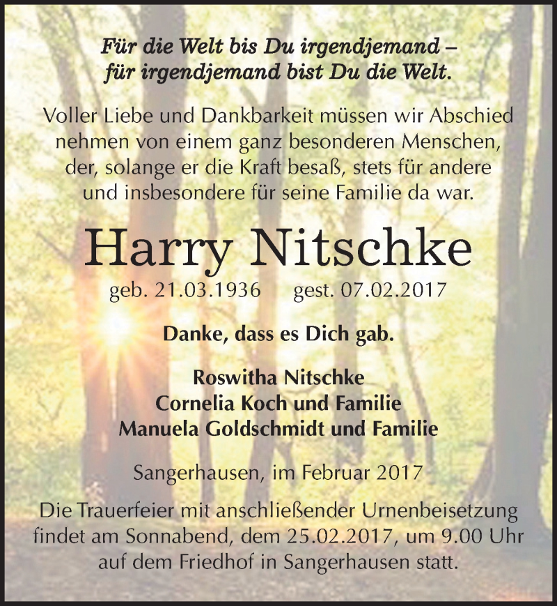  Traueranzeige für Harry Nitschke vom 18.02.2017 aus Mitteldeutsche Zeitung Sangerhausen