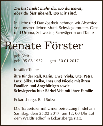 Traueranzeige von Renate Förster von WVG - Wochenspiegel NMB / WSF / ZTZ