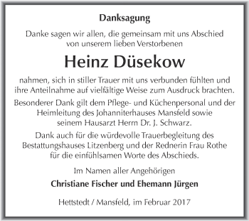 Traueranzeige von Heinz Düsekow von Super Sonntag SGH Mansf. Land