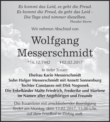 Traueranzeige von Wolfgang Messerschmidt von WVG - Wochenspiegel Bitterfeld