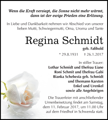 Traueranzeige von Regina Schmidt von Super Sonntag SGH Mansf. Land