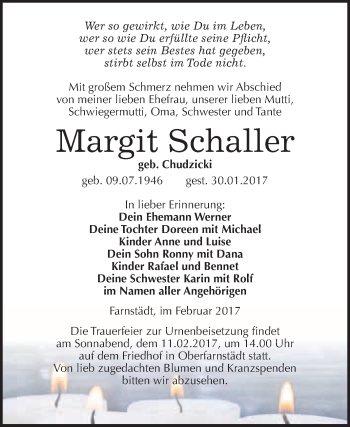 Traueranzeige von Margit Schaller von Super Sonntag Halle