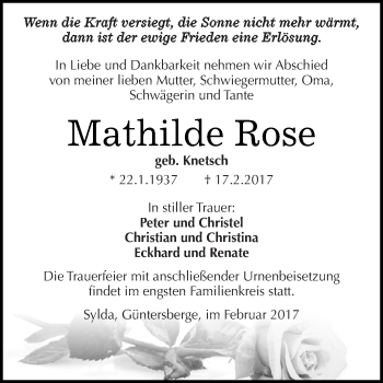 Traueranzeige von Mathilde Rose von Super Sonntag SGH Mansf. Land