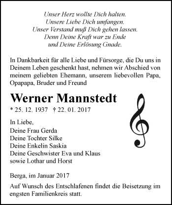Traueranzeige von Werner Mannstedt von Mitteldeutsche Zeitung Sangerhausen