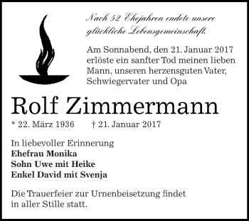 Traueranzeige von Rolf Zimmermann von WVG - Wochenspiegel NMB / WSF / ZTZ