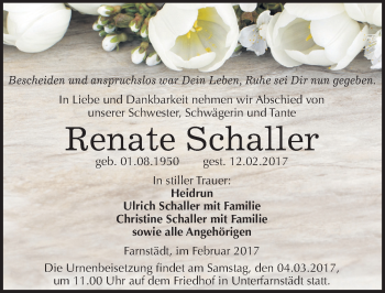Traueranzeige von Renate Schaller von Mitteldeutsche Zeitung Merseburg/Querfurt