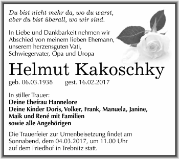Traueranzeige von Helmut Kakoschky von Super Sonntag Halle