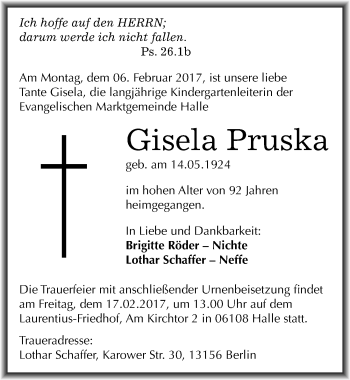 Traueranzeige von Gisela Pruska von Mitteldeutsche Zeitung Halle/Saalkreis