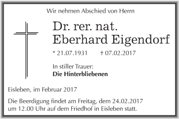 Traueranzeige von Eberhard Eigendorf von Super Sonntag SGH Mansf. Land