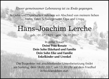 Traueranzeige von Hans-Joachim Lerche von Super Sonntag Quedlinburg