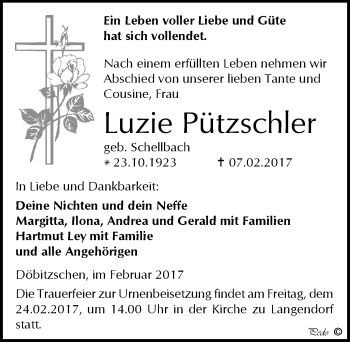 Traueranzeige von Luzie Pützschler von Mitteldeutsche Zeitung Zeitz
