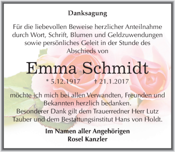 Traueranzeige von Emma Schmidt von Mitteldeutsche Zeitung Halle/Saalkreis