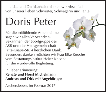 Traueranzeige von Doris Peter von Mitteldeutsche Zeitung Aschersleben