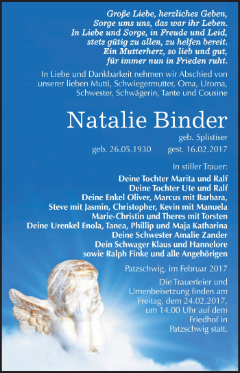 Traueranzeige von Natalie Binder von WVG - Wochenspiegel Halle