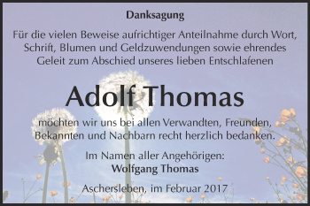 Traueranzeige von Adolf Thomas von Super Sonntag SGH Mansf. Land