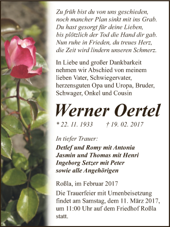 Traueranzeige von Werner Oertel von Super Sonntag SGH Mansf. Land