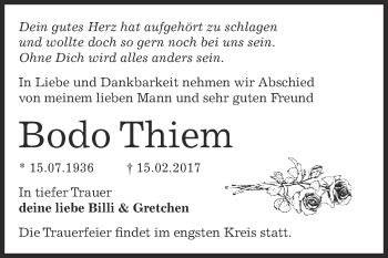 Traueranzeige von Bodo Thiem von WVG - Wochenspiegel Dessau / Köthen