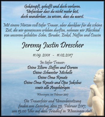 Traueranzeige von Jeremy Justin Drescher von Super Sonntag SGH Mansf. Land