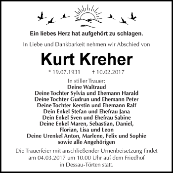 Traueranzeige von Kurt Kreher von WVG - Wochenspiegel Dessau / Köthen