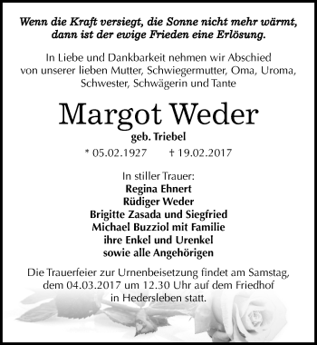 Traueranzeige von Margot Weder von Mitteldeutsche Zeitung Mansfelder Land