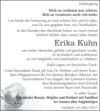 Traueranzeige von Erika Kuhn von WVG - Wochenspiegel NMB / WSF / ZTZ