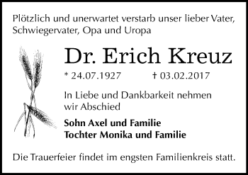 Traueranzeige von Erich Kreuz von Mitteldeutsche Zeitung Bernburg