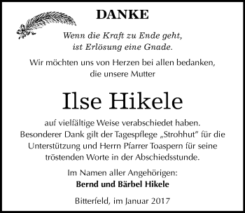 Traueranzeige von Ilse Hikele von Mitteldeutsche Zeitung Bitterfeld