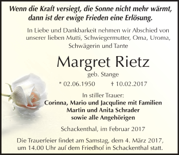 Traueranzeige von Margret Rietz von Mitteldeutsche Zeitung Aschersleben