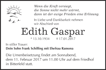 Traueranzeige von Edith Gaspar von WVG - Wochenspiegel Bitterfeld