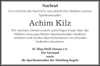 Traueranzeige von Achim Kilz von WVG - Wochenspiegel Dessau / Köthen